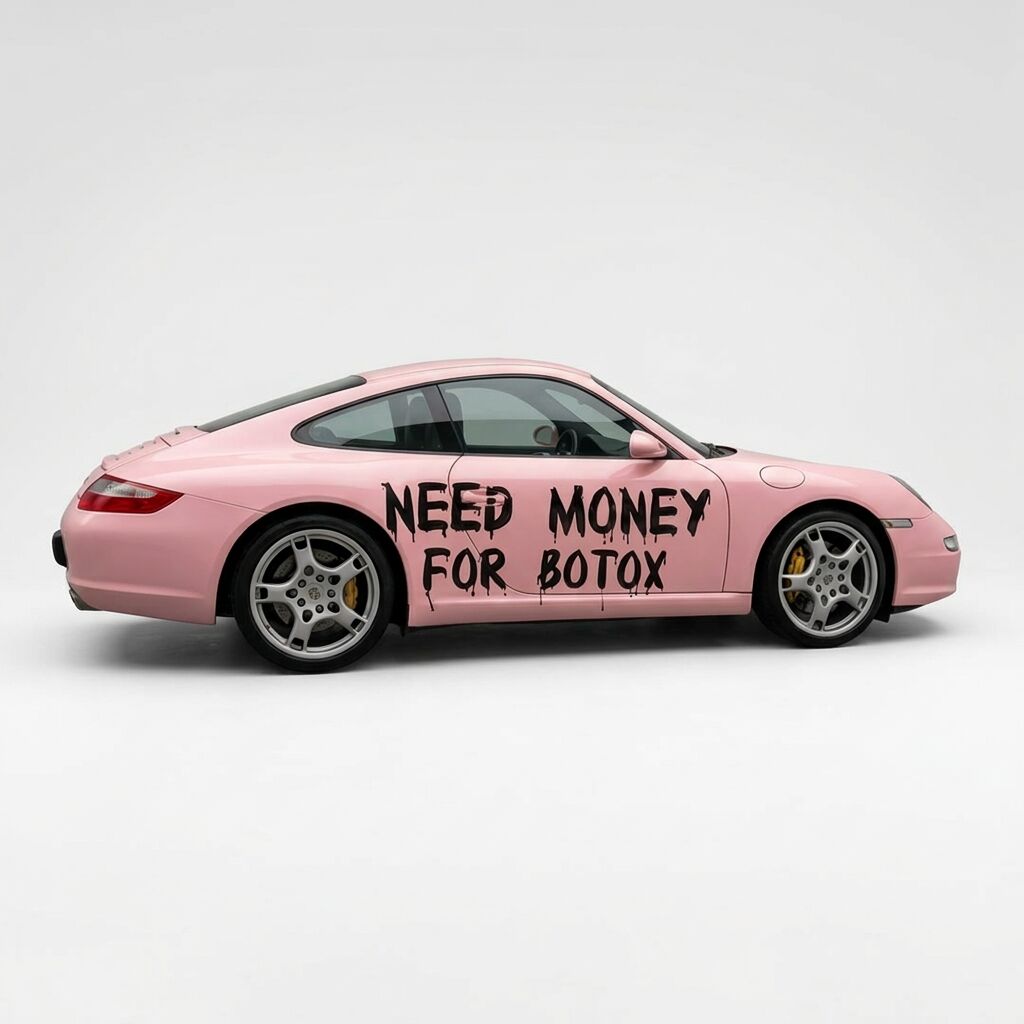The pink Plump Porsche with 'Need money for Botox' lettering